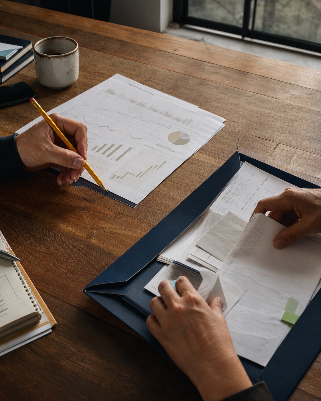 Rotina de organização de contas, documentos e fluxo de caixa empresarial